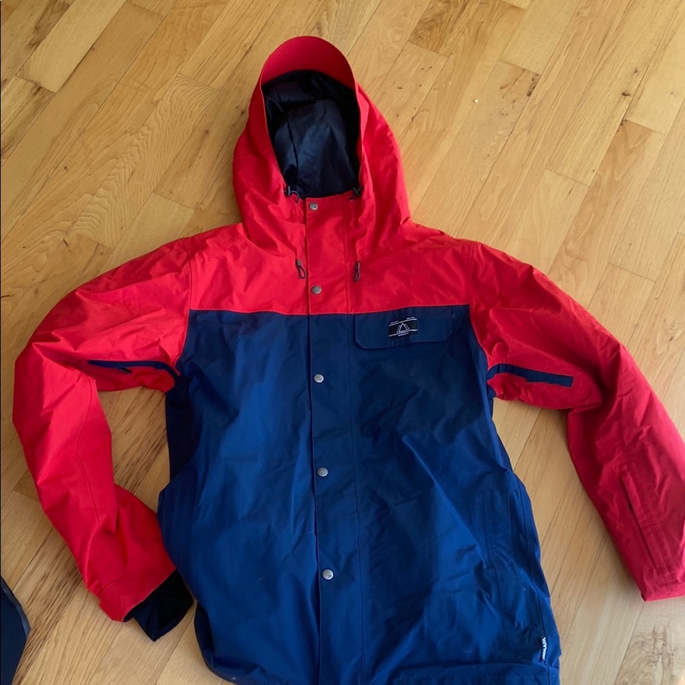 Red and Blue Weather-Resistant Ski Jacket with Hood